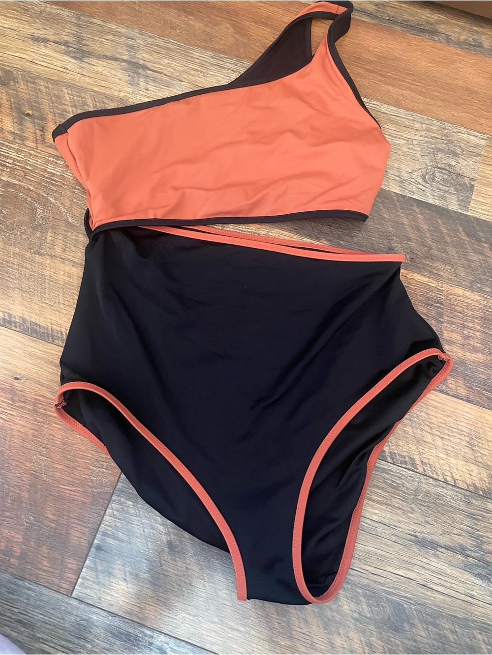 Victoria's Secret Black and Rust Orange One-Shoulder One-Piece Swim
